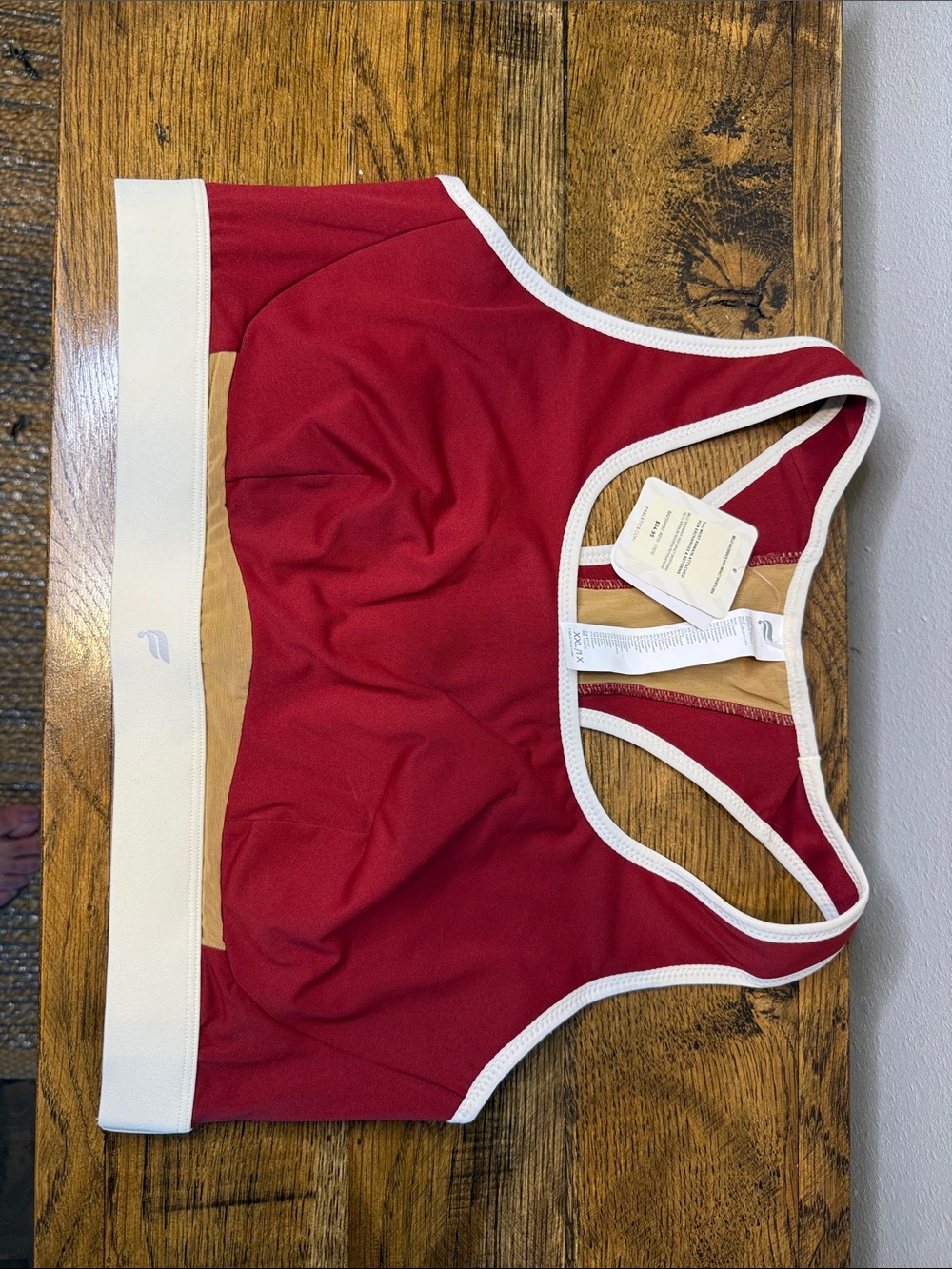 Fabletics Red Sports Bra with Cream Trim and Tan Contrast Panel